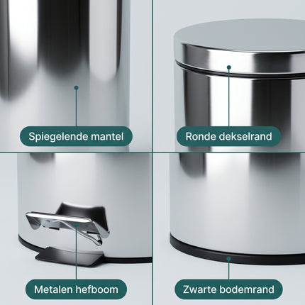 Cheqo® Pedaalemmer - Hoogglans RVS Prullenbak - Afvalemmer - Vuilnisbak - Afvalbak - Ronde Prullenbak met Binnenemmer - Pedaalemmer met Deksel en Voetpedaal - Prullenbak voor Keuken - Afvalemmer voor Badkamer en Toilet - Pedaalprullenbak - Detail Split