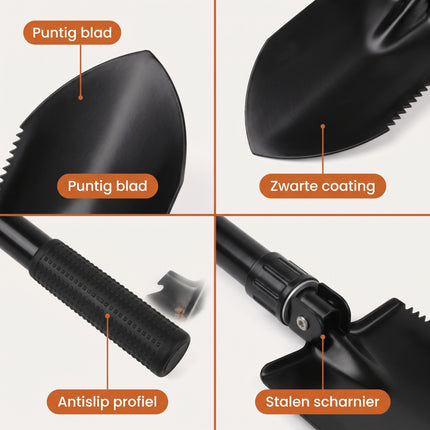 Cheqo® Vouwschep met Draagtas - Opvouwbare Schep - Pioniersschep - Klapschep - Veldschep - Legerschep - Survival Schep - Campingschep met Houweel - Pikhouweel - Multifunctionele Schep - Klapspade - Schop met Zaag - Tuinschep voor Camping en Auto - Detail Split