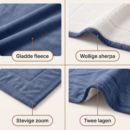 Cheqo® Sherpa Deken - Fleece Deken - Plaid - Woondeken - Bankdeken - Knuffeldeken - Sprei - Blauw - Dubbelzijdig - Extra Zacht en Warm - Pluizige Fleece Plaid voor Bank en Bed - voor Woonkamer - Winter - Tweepersoons - XXL Sofadeken - Detail Split