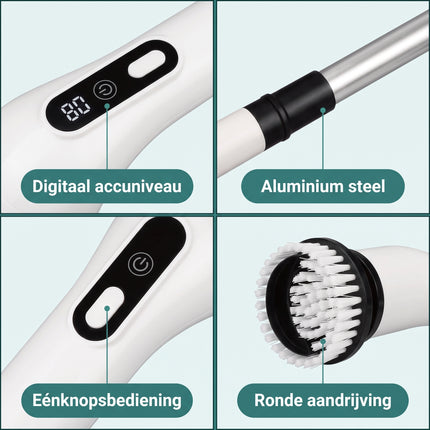 Cheqo® Elektrische Schoonmaakborstel - Elektrische Schrobber - Schrobborstel - Spin Scrubber - Roterend - Draadloos - Oplaadbaar - Schrobber met Steel - Verlengsteel - Poetsmachine - Luiwagen - voor Badkamer en Keuken - met 9 Opzetstukken - Detail Split