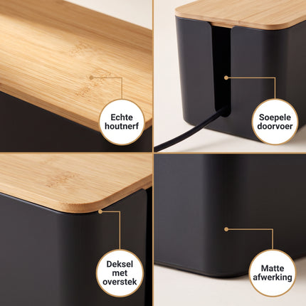 Cheqo® Kabelbox Set van 3 - Bamboe Deksel - Zwart - Detail Split v2