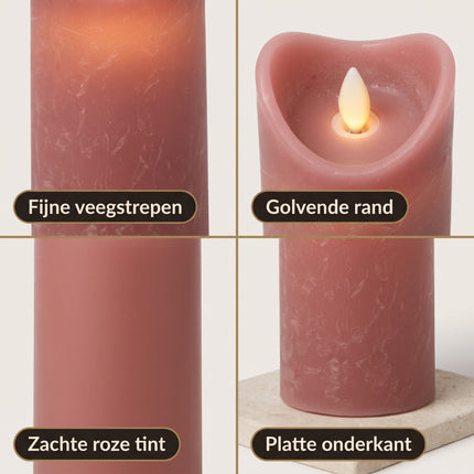 Cheqo® LED Kaars Roze 15 cm - Stompkaars met Bewegende Vlam - Vlamloze Nepkaars van Wax - Elektrische Sfeerkaars op Batterijen - Flikkerende Dansvlam - Realistische Sfeerverlichting voor Binnen - Tafeldecoratie voor Woonkamer en Slaapkamer - Detail Split