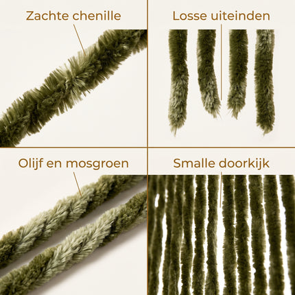 Cheqo® Vliegengordijn 90x210 cm Groen - Insectengordijn - Deurgordijn - Kattenstaart - Horgordijn - Hordeur - Pluche Strengen - Chenille - Muggengordijn - Vliegenhor - Anti Insecten - voor Deur, Tuindeur, Balkondeur, Caravan en Camper - Detail Split