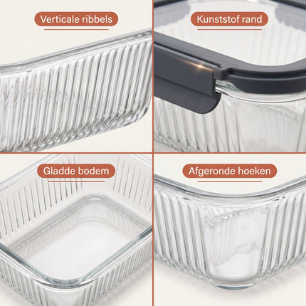 Cheqo® Glazen Vershouddoos - Vershoudbakje - Bewaardoos - Voedseldoos - Meal Prep Bakje - Voorraaddoos - Opbergdoos met Klemdeksel - Rechthoekig - Antraciet/Transparant - Grijs - voor Koelkast en Keukenkast - Eten en Restjes Bewaren - Detail Split
