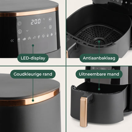 Cheqo® Airfryer - Hetelucht Friteuse - Heteluchtfriteuse - Friteuse zonder Olie - Luchtfriteuse met Digitaal Display en Touchscreen - 8 Automatische Programma's - Timer - Airfryer XL Zwart Goud - Frituurpan - Gezond Frituren voor het Hele Gezin - Detail Split
