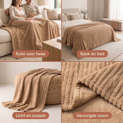 Cheqo® Fleece Deken - Plaid - Fleece Plaid met Ribstof - Woondeken - Knuffeldeken - Bankdeken - Plaid voor Bank - Grand Foulard - Sprei - Heerlijk Zacht en Warm - Camel Beige Plaid - Bruine Deken voor Bed en voor Woonkamer - Fleece Blanket - Detail USP v2