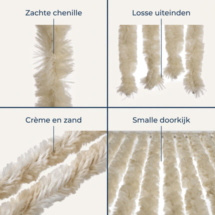 Cheqo® Vliegengordijn 90x210 cm Beige - Insectengordijn - Deurgordijn - Kattenstaart - Horgordijn - Hordeur - Pluche Strengen - Chenille - Muggengordijn - Vliegenhor - Anti Insecten - Creme - voor Deur, Tuindeur, Balkondeur, Caravan en Camper - Detail Split