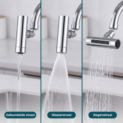 Cheqo® Kraan Opzetstuk - Kraanverlengstuk - Kraankop - Roterende Kraankop met Sproeikop voor Kraan - Draaibare Kraan - Keukenkraan Opzetstuk voor Badkamerkraan - Perlator - Straalregelaar met 3 Standen - Waterbesparend - 360 Graden Draaibaar - Drie standen v2