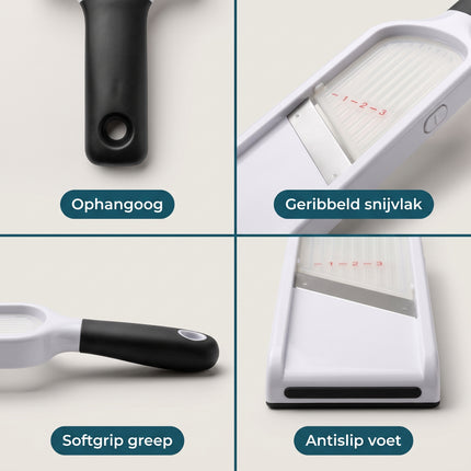 Cheqo® Mandoline - Groentesnijder - Handmandoline met Veiligheidshouder - Groenteschaaf - Keukenmandoline - Komkommerschaaf - Keukensnijder - Aardappelschaaf - Uiensnijder - Fruitsnijder - Snijhulp voor Groente en Fruit - Wit/Zwart - Detail Split