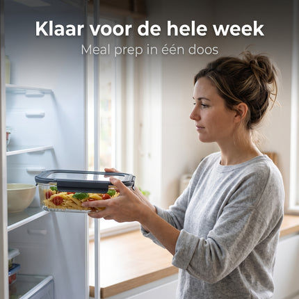 Cheqo® Glazen Vershouddoos - Vershoudbakje - Bewaardoos - Voedseldoos - Meal Prep Bakje - Voorraaddoos - Opbergdoos met Klemdeksel - Rechthoekig - Antraciet/Transparant - Grijs - voor Koelkast en Keukenkast - Eten en Restjes Bewaren - Lifestyle