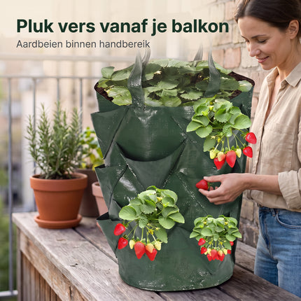 Cheqo® Kweekzakken Set van 3 - Plantenzakken - Aardbeienzak - Growbags - Groeizak - Plantzak - Hangende Plantenzak - Moestuinzak - voor Aardbeien - Tomaten - Kruiden en Groenten - voor Balkon en Terras - Verticaal Tuinieren - met Handvatten - Lifestyle