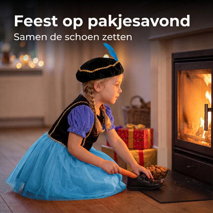 Cheqo® Pietenjurk Kind 110-116 - Paars Blauw - Sinterklaas Verkleedkleding - Pieten Kostuum voor Kinderen - Pietenpak voor Meisjes - Verkleden als Piet - Jurk met Pofmouwen en Pietenmuts - Pakjesavond en Intocht - ca. 5-6 Jaar - Lifestyle
