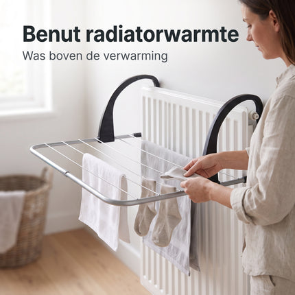 Cheqo® Droogrek Hangend - Radiator Droogrek met 3 m Waslijn en Drooglijn - Hangdroogrek voor Balkon Verwarming en Badkamer - Inklapbaar Metalen Wasrek - Wasdroger Rek voor Kleding en Handdoeken - Ruimtebesparend - Zilver - Lifestyle