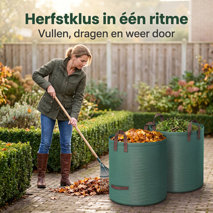 Cheqo® Tuinafvalzak Set van 2 - Tuinzak - Bladzak - Tuinvuilzak - Groenafvalzak - Bladerzak - Afvalzak voor Tuin - Opvouwbaar - Zelfstaand - met Handgrepen - Herbruikbaar - Waterdicht - voor Bladeren - Gras en Snoeiafval - Tuintas - Groen - Lifestyle