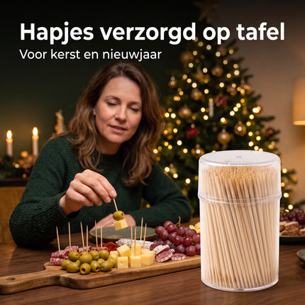 Cheqo® Cocktailprikkers 500 Stuks - Houten Tandenstokers - Dubbelzijdig - Tandenstokers in Koker met Deksel - Hapjesprikkers - Tapas Prikkers - Borrelprikkers - Cocktailprikkers voor Kerst en Nieuwjaarsborrel - Toothpicks - Lifestyle