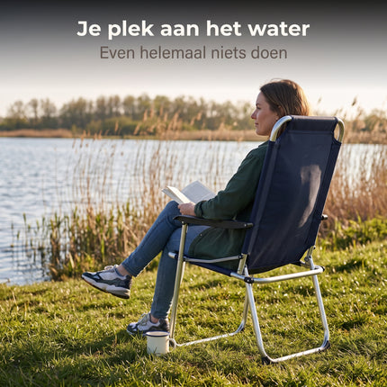 Cheqo® Campingstoel Donkerblauw - Opvouwbaar - Klapstoel - Vouwstoel - Kampeerstoel - Strandstoel - Tuinstoel - Visstoel - Aluminium Frame - met Armleuningen - Hoge Rugleuning - Lichtgewicht - Festivalstoel - voor Camping, Tuin en Balkon - Lifestyle