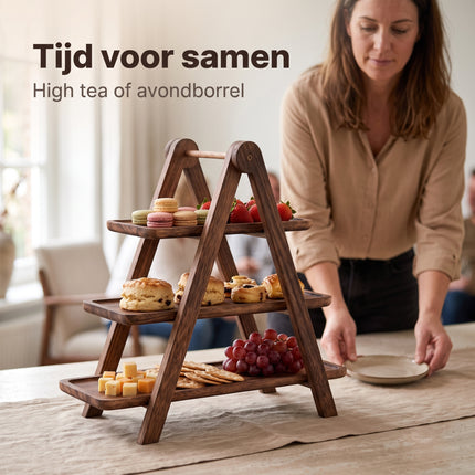 Cheqo® Etagere 3 Laags - Hout - Serveertoren - Serveerschaal - Serveerplank - Hapjesschaal - Fruitschaal - Serveerplateau - High Tea - Borrelplank - Tapasplank - Taartstandaard - Cupcake Standaard - Inklapbaar - Dienblad - Kaasplank - Lifestyle