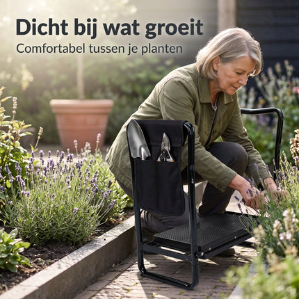 Cheqo® Kniebank - Tuinkruk - Kniebank voor Tuinieren - Tuinkrukje - Knielbank - Tuinknieler - Zitbankje - Kniebankje - Inklapbaar en Opvouwbaar met Kniekussen - Kniesteun - met Gereedschapstas - voor Senioren - Tuinbank - Kleur Zwart - Lifestyle