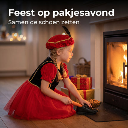 Cheqo® Pietenjurk Kind 110-116 - Zwart Rood - Sinterklaas Verkleedkleding - Pieten Kostuum voor Kinderen - Pietenpak voor Meisjes - Verkleden als Piet - Jurk met Pofmouwen en Pietenmuts - Pakjesavond en Intocht - ca. 5-6 Jaar - Lifestyle