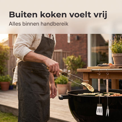Cheqo® BBQ Gereedschapset 3-Delig - Barbecue Gereedschap met Houten Handvat - Barbecue Set - BBQ Bestek - Grillbestek - Barbecuetang - Grillspatel - Vleesvork - Barbecue Accessoires - Grill Set voor Buiten - Barbecuegerei - BBQ - Lifestyle
