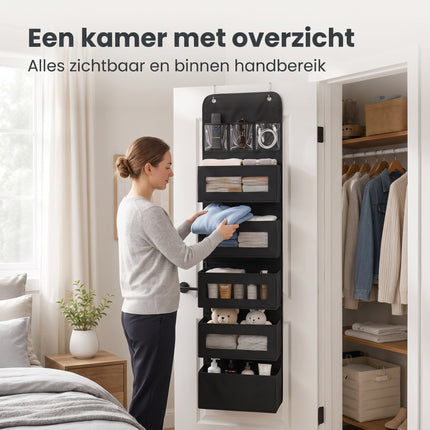 Cheqo® Deur Organizer met 5 Vakken - Hangende Opberger - Opbergzak voor Deur - Deurhanger Opberger - Hangorganizer - Deurrek - Opbergrek Hangend - Kast Organizer - Wandorganizer - Opbergtas voor Kledingkast - Slaapkamer - Kinderkamer - Zwart - Lifestyle