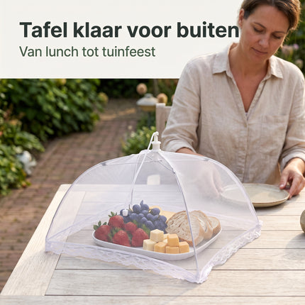 Cheqo® Vliegenkap - Voedselkap - Foodcover - Opvouwbaar en Uitklapbaar - Vliegennet - Insectennet - Eten Afdekken - Voedselafdekking - Etensbescherming tegen Insecten - voor Buiten - Picknick - BBQ - Barbecue en Tuin - Vliegenkapje - Wit - Lifestyle