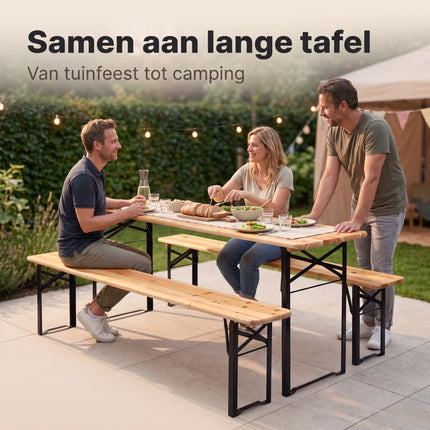 Cheqo® Biertafelset 3-Delig - Picknickset - Picknicktafel met Banken - Biertafel met 2 Banken - Bierbank Set - Campingtafel met Banken - Campingset - Klaptafel met Banken - Inklapbaar - Opvouwbaar - Houten Tuintafel - Tuinset - Vouwtafel - Lifestyle