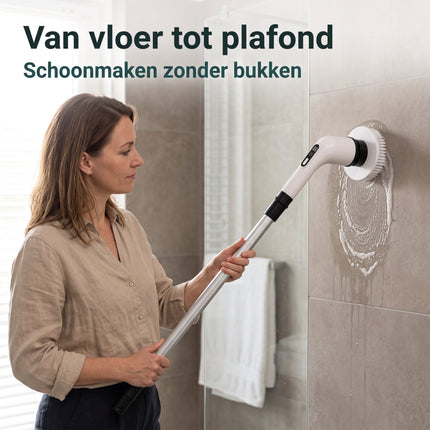 Cheqo® Elektrische Schoonmaakborstel - Elektrische Schrobber - Schrobborstel - Spin Scrubber - Roterend - Draadloos - Oplaadbaar - Schrobber met Steel - Verlengsteel - Poetsmachine - Luiwagen - voor Badkamer en Keuken - met 9 Opzetstukken - Lifestyle