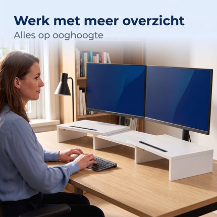 Cheqo® Monitor Standaard - Monitor Verhoger - Monitorstandaard voor 2 Schermen - Verstelbaar en Uitschuifbaar - Beeldscherm Verhoger - Beeldschermverhoger - Monitorverhoger - Laptop Standaard - Bureau Organizer voor Kantoor - Ergonomisch - Lifestyle