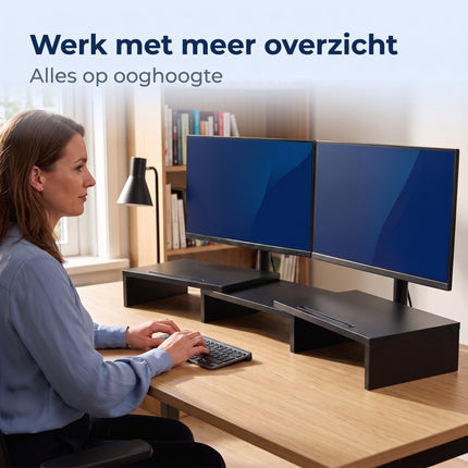 Cheqo® Monitor Standaard - Monitorstandaard - Monitor Verhoger - Beeldschermverhoger voor 2 Schermen - Verstelbaar en Uitschuifbaar - Bureau Organizer - Laptop Standaard - Bureauverhoger - Ergonomisch - Telefoonhouder - Kabelmanagement - Zwart - Lifestyle