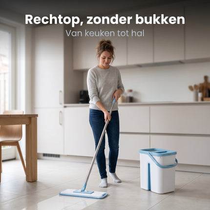 Cheqo® Platte Mop met Emmer - Vlakke Mop - Dweilset - Vloerwisser - Dweilsysteem - Zelfreinigende Mop met Uitwringfunctie - Microvezel Mop 360 Graden Draaibaar - Vloerreiniger - Mopset - Zwabber met Emmer - Vloermop met Telescopische Steel - Lifestyle