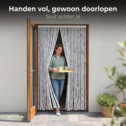Cheqo® Vliegengordijn 90x230 cm Grijs/Wit - Insectengordijn - Deurgordijn - Kattenstaart - Horgordijn - Hordeur - Pluche Strengen - Chenille - Gemêleerd - Muggengordijn - Vliegenhor - Anti Insecten - voor Deur, Tuindeur, Caravan en Camper - Lifestyle