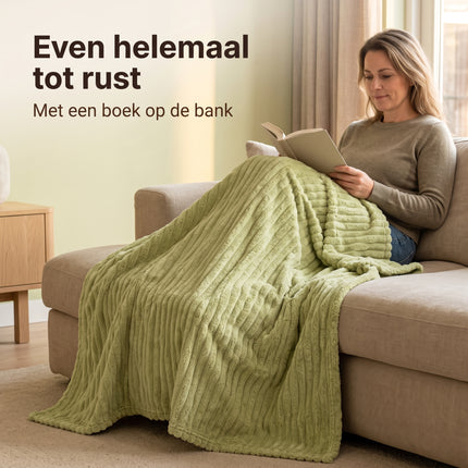 Cheqo® Fleece Deken - Plaid - Fleece Plaid met Ribstof - Woondeken - Knuffeldeken - Bankdeken - Plaid voor Bank - Grand Foulard - Sprei - Heerlijk Zacht en Warm - Groene Plaid - Deken voor Bed en voor Woonkamer - Fleece Blanket - Lifestyle