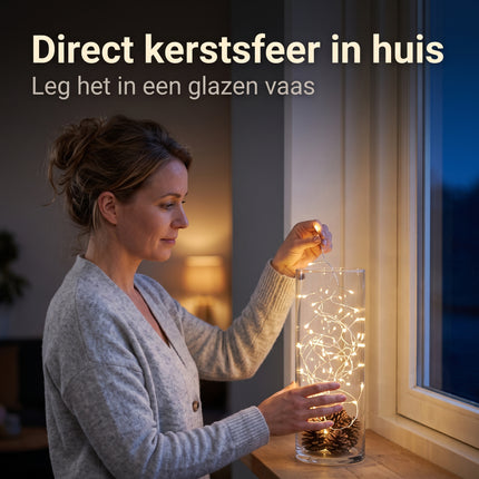 Cheqo® Kerstlampjes 100 LED - 1,2 Meter - Warm Wit - Kerstverlichting - Clusterverlichting met Zilverdraad - Draadverlichting - Micro LED - Lichtsnoer op USB - Sfeerverlichting - Feestverlichting - Lifestyle
