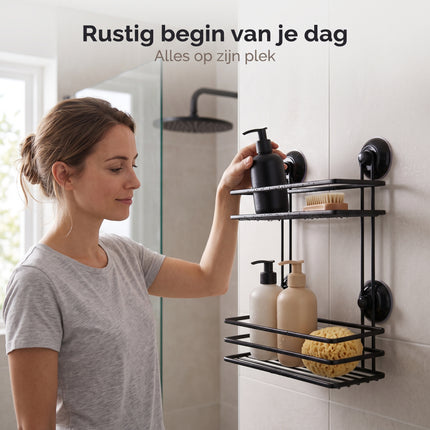 Cheqo® Badkamerrek 2 Laags - Doucherek - Doucherekje - Zonder Boren - met Zuignap - Zelfklevend - Hangend - Opbergrek - Badrek - Douchemandje - Wandrek - Badkamer Organizer - voor Shampoo - voor Douche - Keukenrek - Zwart - Lifestyle