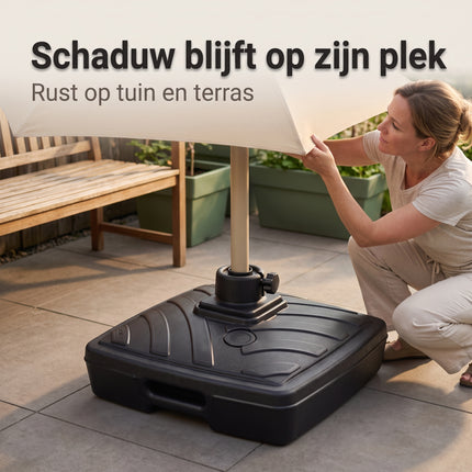 Cheqo® Parasolvoet - Parasolstandaard Vulbaar met Water of Zand - Vierkant - Kunststof - voor Stokparasol - voor Tuin - voor Terras - voor Balkon - Parasol Voet - Parasolhouder - met Draaiknop - met Handgrepen - Parasolstander - Lifestyle