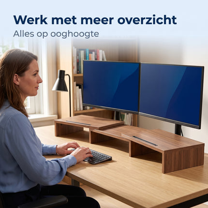 Cheqo® Monitor Standaard - Monitorstandaard voor 2 Schermen - Monitor Verhoger - Monitorverhoger - Beeldschermverhoger - Beeldscherm Verhoger - Monitorhouder - Verstelbaar - Uitschuifbaar - Bureau Organizer - Laptop Standaard - Ergonomisch - Lifestyle