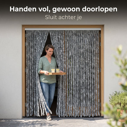 Cheqo® Vliegengordijn 90x210 cm Grijs Gemêleerd - Insectengordijn - Deurgordijn - Kattenstaart - Horgordijn - Hordeur - Pluche Strengen - Chenille - Muggengordijn - Vliegenhor - Anti Insecten - voor Deur, Tuindeur, Balkondeur, Caravan en Camper - Lifestyle
