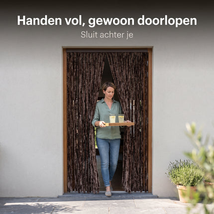 Cheqo® Vliegengordijn 90x210 cm Bruin - Insectengordijn - Deurgordijn - Kattenstaart - Horgordijn - Hordeur - Pluche Strengen - Chenille - Muggengordijn - Vliegenhor - Anti Insecten - voor Deur, Tuindeur, Balkondeur, Caravan en Camper - Lifestyle