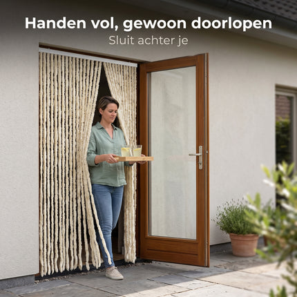 Cheqo® Vliegengordijn 90x210 cm Beige - Insectengordijn - Deurgordijn - Kattenstaart - Horgordijn - Hordeur - Pluche Strengen - Chenille - Muggengordijn - Vliegenhor - Anti Insecten - Creme - voor Deur, Tuindeur, Balkondeur, Caravan en Camper - Lifestyle