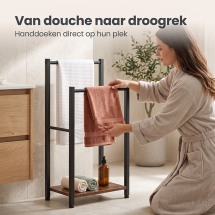Cheqo® Handdoekenrek - Handdoekrek Staand - Handdoekhouder Vrijstaand - Badkamer en Keuken - Handdoekrek met Plank - 2 Stangen - Zonder Boren - Handdoekenhouder - Handdoekdroogrek Industrieel - Handdoekstandaard - Gastendoekhouder - Zwart - Lifestyle