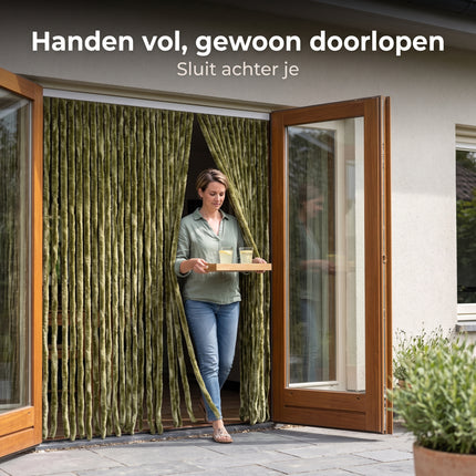 Cheqo® Vliegengordijn 90x210 cm Groen - Insectengordijn - Deurgordijn - Kattenstaart - Horgordijn - Hordeur - Pluche Strengen - Chenille - Muggengordijn - Vliegenhor - Anti Insecten - voor Deur, Tuindeur, Balkondeur, Caravan en Camper - Lifestyle