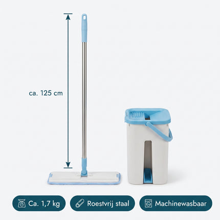 Cheqo® Platte Mop met Emmer - Vlakke Mop - Dweilset - Vloerwisser - Dweilsysteem - Zelfreinigende Mop met Uitwringfunctie - Microvezel Mop 360 Graden Draaibaar - Vloerreiniger - Mopset - Zwabber met Emmer - Vloermop met Telescopische Steel - Specs