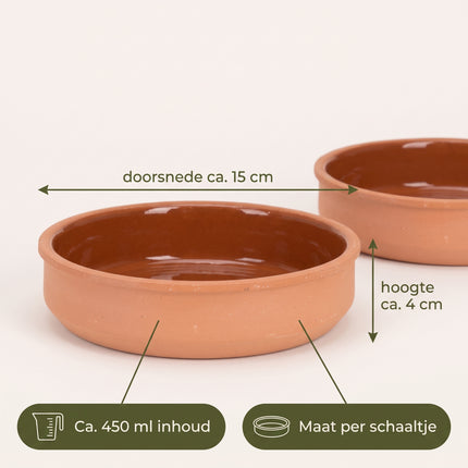 Cheqo® Terracotta Tapas Schaaltjes Set van 2 - Aardewerk Hapjes Bakjes - Serveerschaal voor Snacks en Borrelhapjes - Borrelschaaltjes - Dipschalen voor Sausjes - Terracotta Servies - Tapasschalen voor Gourmet en Kerstdiner - Specs