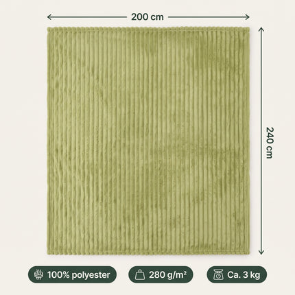 Cheqo® Fleece Deken 2 Persoons - Plaid XL - Lits-Jumeaux Deken - Bedsprei - Grote Fleece Plaid - Deken voor Tweepersoonsbed - Ribstof Plaid - Woondeken - Bankdeken - Knuffeldeken - Grand Foulard - Sprei - Groene Plaid - Fleece Blanket - Specs