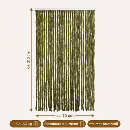 Cheqo® Vliegengordijn 90x210 cm Groen - Insectengordijn - Deurgordijn - Kattenstaart - Horgordijn - Hordeur - Pluche Strengen - Chenille - Muggengordijn - Vliegenhor - Anti Insecten - voor Deur, Tuindeur, Balkondeur, Caravan en Camper - Specs