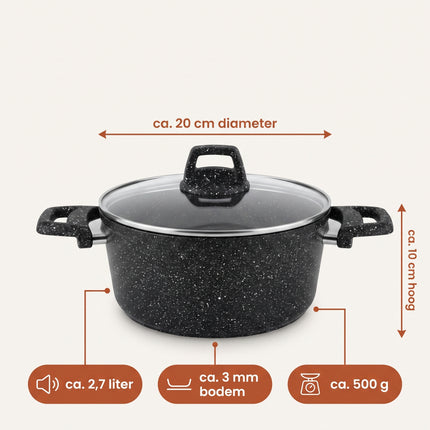 Cheqo® Braadpan met Glazen Deksel - Kookpan - Braadpan met Marmeren Coating - Antiaanbakpan - Inductiepan - Kookpot - Stoofpan - Soeppan - Pan voor Alle Warmtebronnen - Braadpan met Zijhandvatten - Pan met Deksel - Pastapan - Granietlook - Zwart - Specs