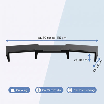 Cheqo® Monitor Standaard - Monitorstandaard - Monitor Verhoger - Beeldschermverhoger voor 2 Schermen - Verstelbaar en Uitschuifbaar - Bureau Organizer - Laptop Standaard - Bureauverhoger - Ergonomisch - Telefoonhouder - Kabelmanagement - Zwart - Specs