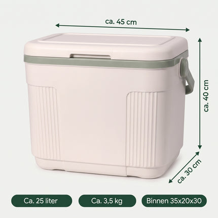 Cheqo® Koelbox met Koelelementen - Passieve Koelbox zonder Stroom - Draagbare Koelbox met Handvat voor Camping - Strand - Picknick - Festival en Auto - Koeltas - Frigobox - Coolbox - Koelbox met Deksel - Inclusief 2 Herbruikbare Koelelementen - Specs