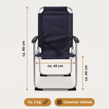 Cheqo® Campingstoel Donkerblauw - Opvouwbaar - Klapstoel - Vouwstoel - Kampeerstoel - Strandstoel - Tuinstoel - Visstoel - Aluminium Frame - met Armleuningen - Hoge Rugleuning - Lichtgewicht - Festivalstoel - voor Camping, Tuin en Balkon - Specs